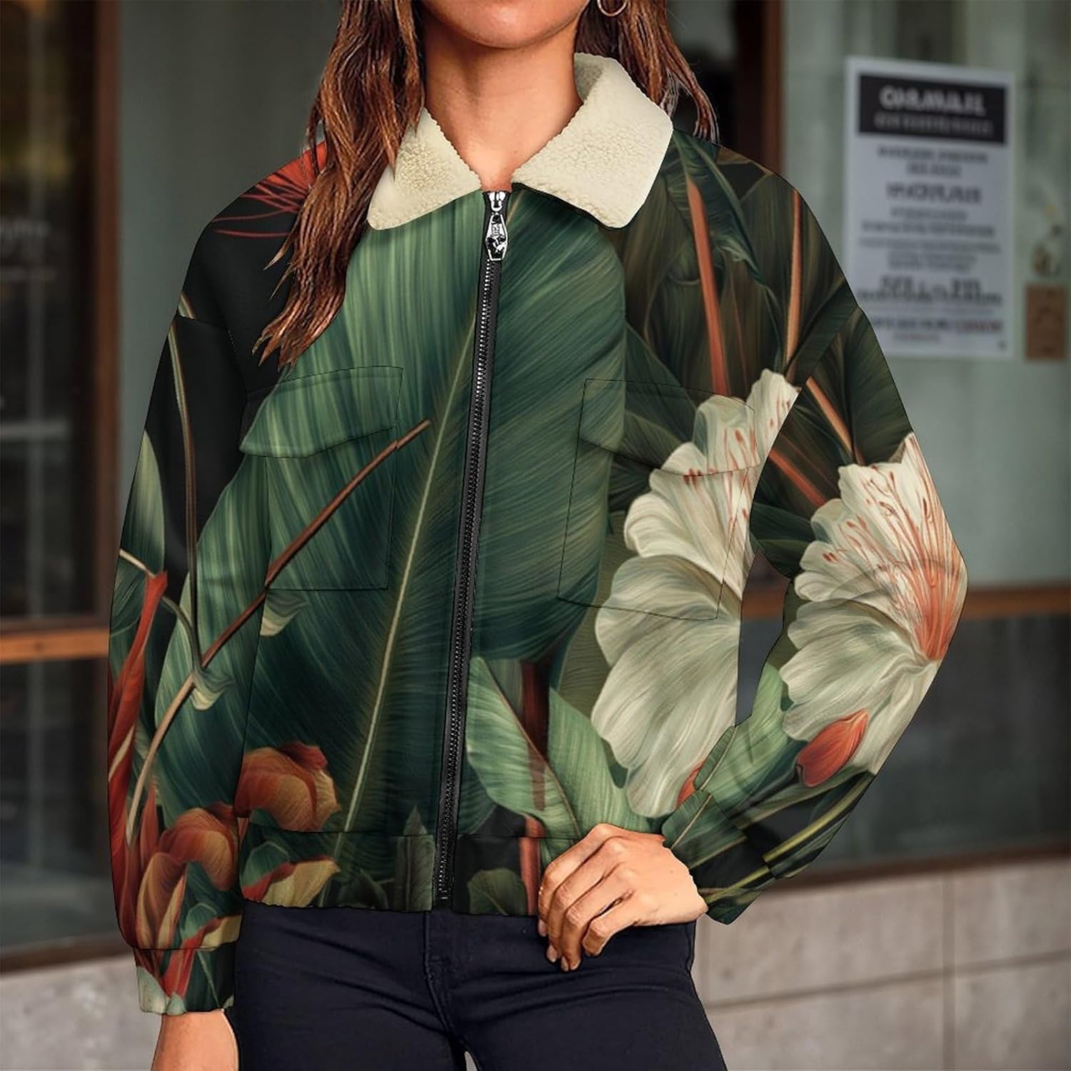 Women Winter Sherpa Lined Fleece Jacket, Long Sleeve Zip Up flowers leaves Fuzzy Coats Warm Soft Polar Outwear