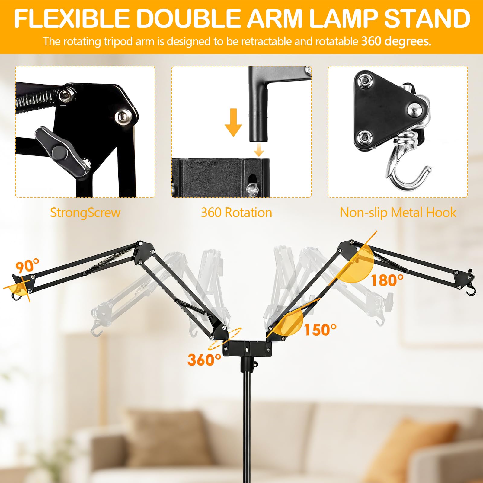 Soporte de Lámpara de Reptiles, Altura Ajustable 40-160CM, Rotación de 360°, Soporte de Luz de Suelo Telescópico de Reptiles con 2 Ganchos para Tortugas, Ciempiés y Arañas