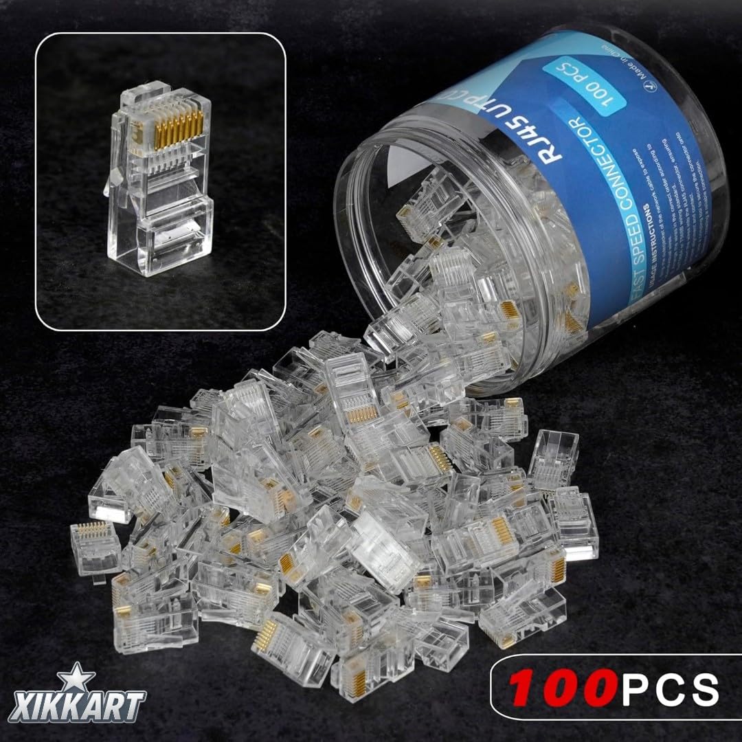 XIKKART Cat6 RJ45 Pass Through Connectors (100 Pack) | Gold-Plated Modular Plugs for Solid & Stranded Ethernet Cable | Easy Crimp Network Plug for Cat6, Cat5e, Cat5 LAN Cable | (100-Pcs) — Amazon image 7