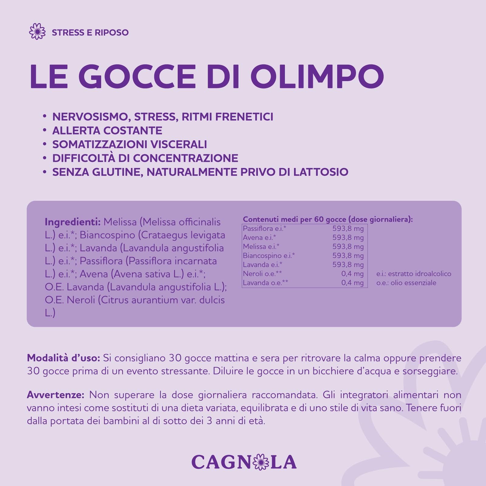 CAGNOLA | Integratore Naturale per Ansia e Stress, Paura, Rilassamento, Le Gocce di Olimpo 50 ml, Gocce Rilassanti Azione Forte con Melissa, Passiflora, Lavanda e Oli Essenziali