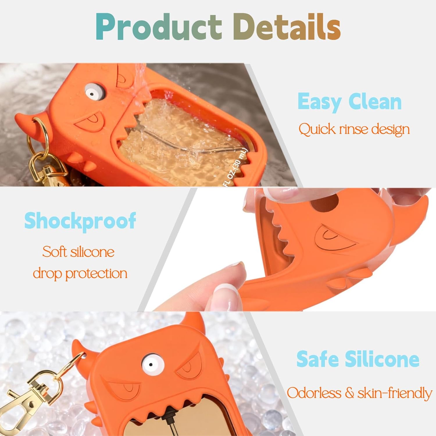 Hand Sanitizer Case Compatible with Touchland, Cute Monster Silicone Holder Keychain 1 Fl Oz, 2 Pcs Orange & Sky Blue