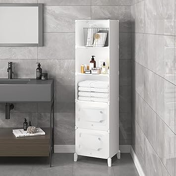 Sasimo Cube Storage Organizer 5-Cube Slim Cabinet for Bathroom Shelves Plastic Storage with Doors, Kitchen, Pantry (White)
