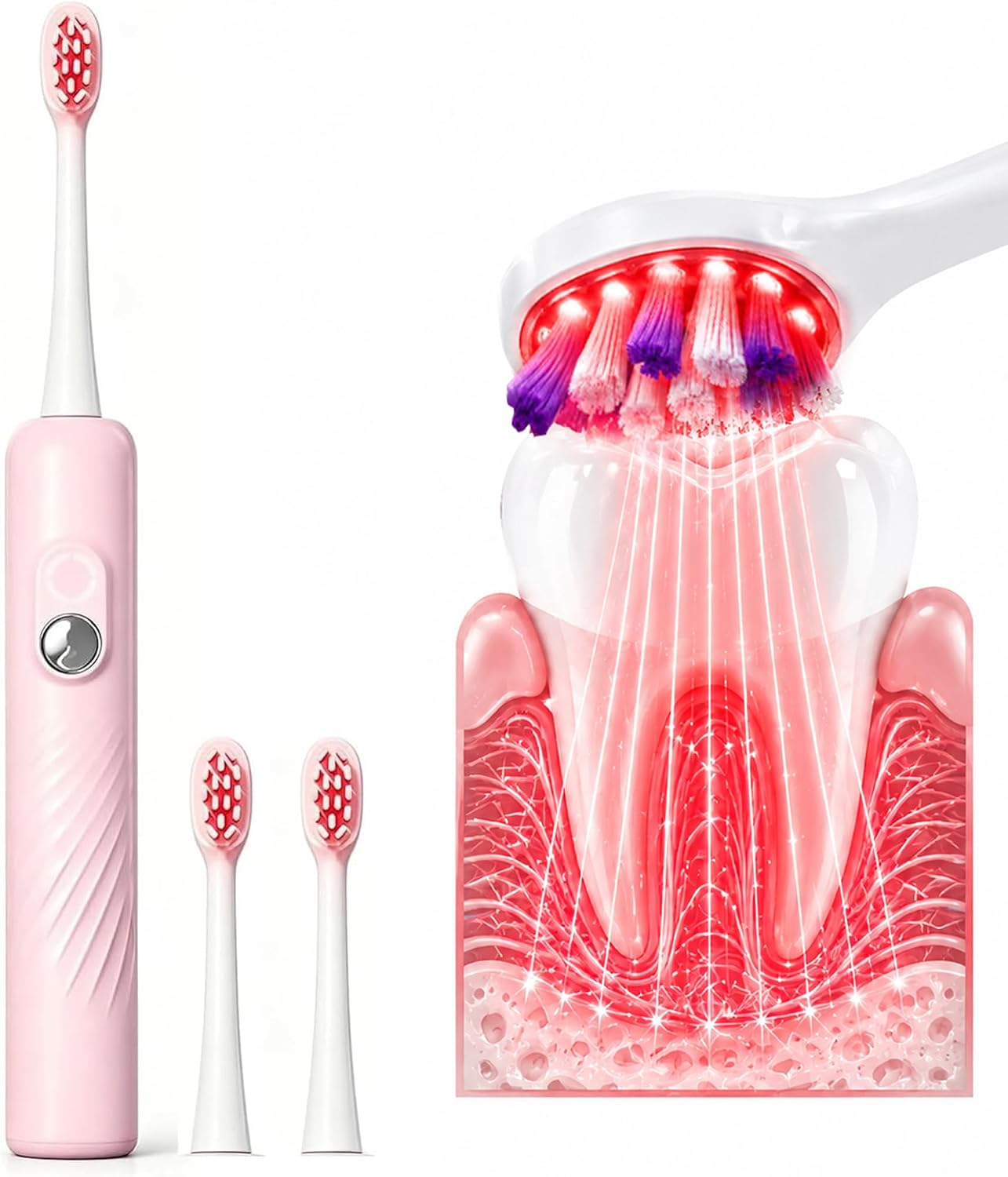 Red Light Automatic Electric Toothbrush Therapy for Gum Restore Tooth Health Gums Revive Therapy, LED Light Teeth Replaceable Brush Heads 2 RedLight Soft Sonic Replacement for Adults Gumrevive