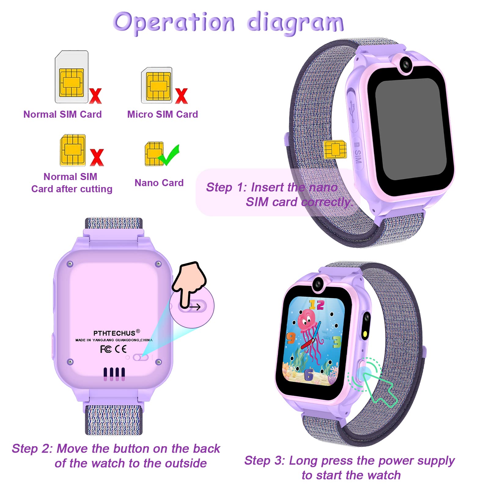 PTHTECHUS Jeux Montre Connectée Enfant - Téléphone Intelligente Appel bidirectionnel Musique mp3 Double caméra podomètre vidéo SOS Livre Audio MP4 Cadeau garçon Fille 4-12 Ans (XA16 GMP Purple-SAI)