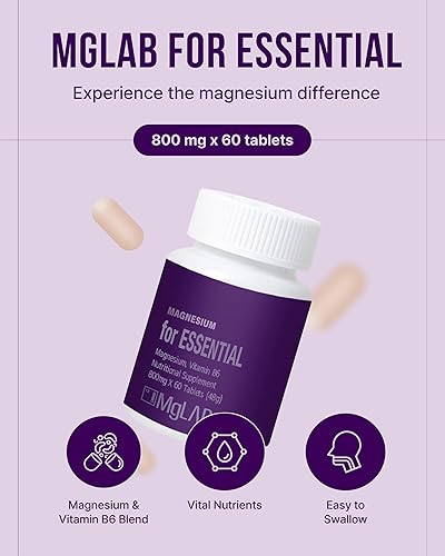 Miniatura 2 de MGLAB for Essential (60 tabletas) - Suplemento diario de magnesio para recarga de energía y salud muscular. Magnesio 315 mg, vitamina B6. Tamaño