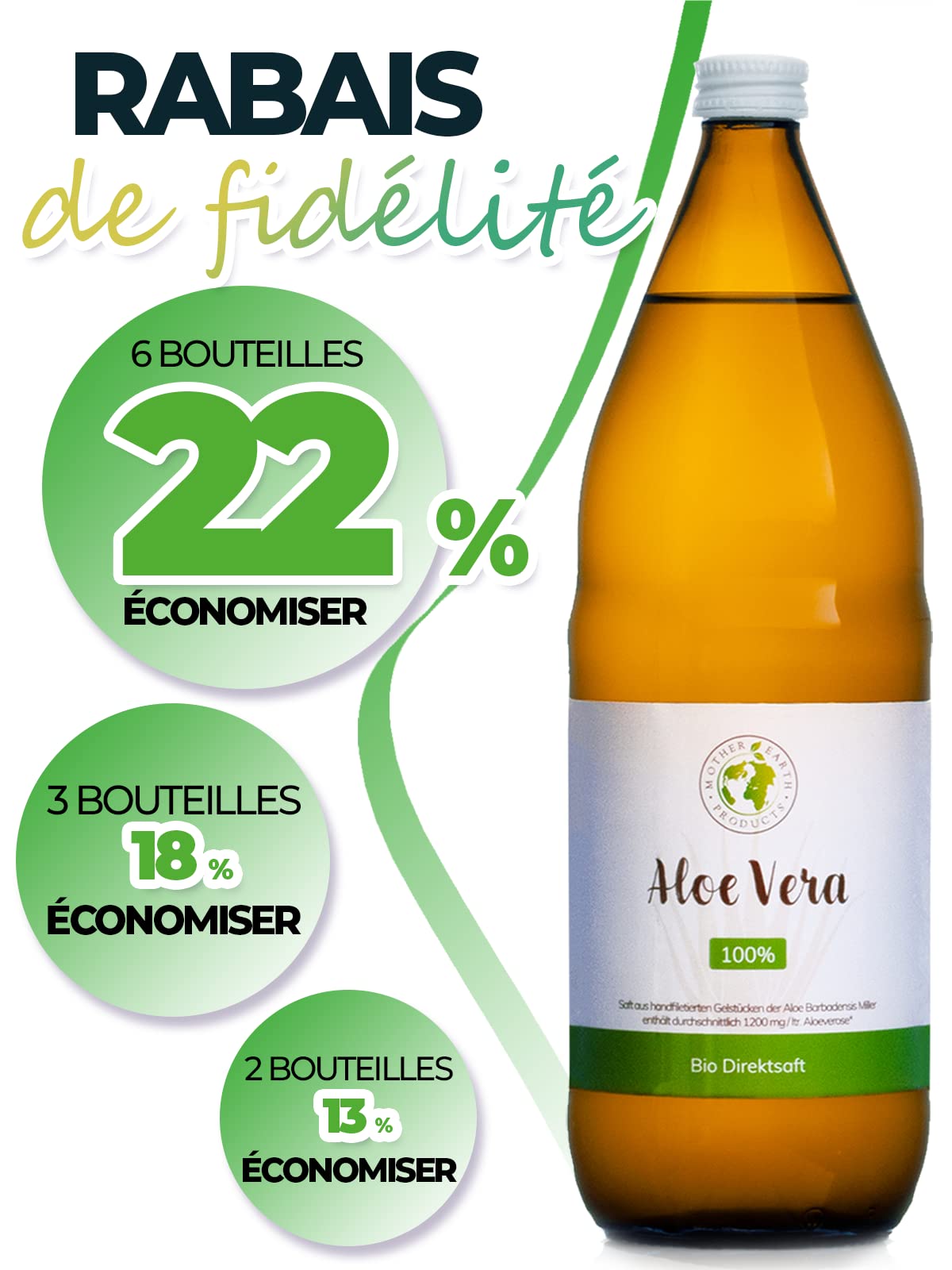 Mother Earth Products Jus d’Aloe Vera 100% BIO | pelé à la main, de l’intérieur de la feuille| Riche en ingrédients naturels | Moyenne 1200mg/l Aloverose | Bouteilles en verre |2 x 1000ml