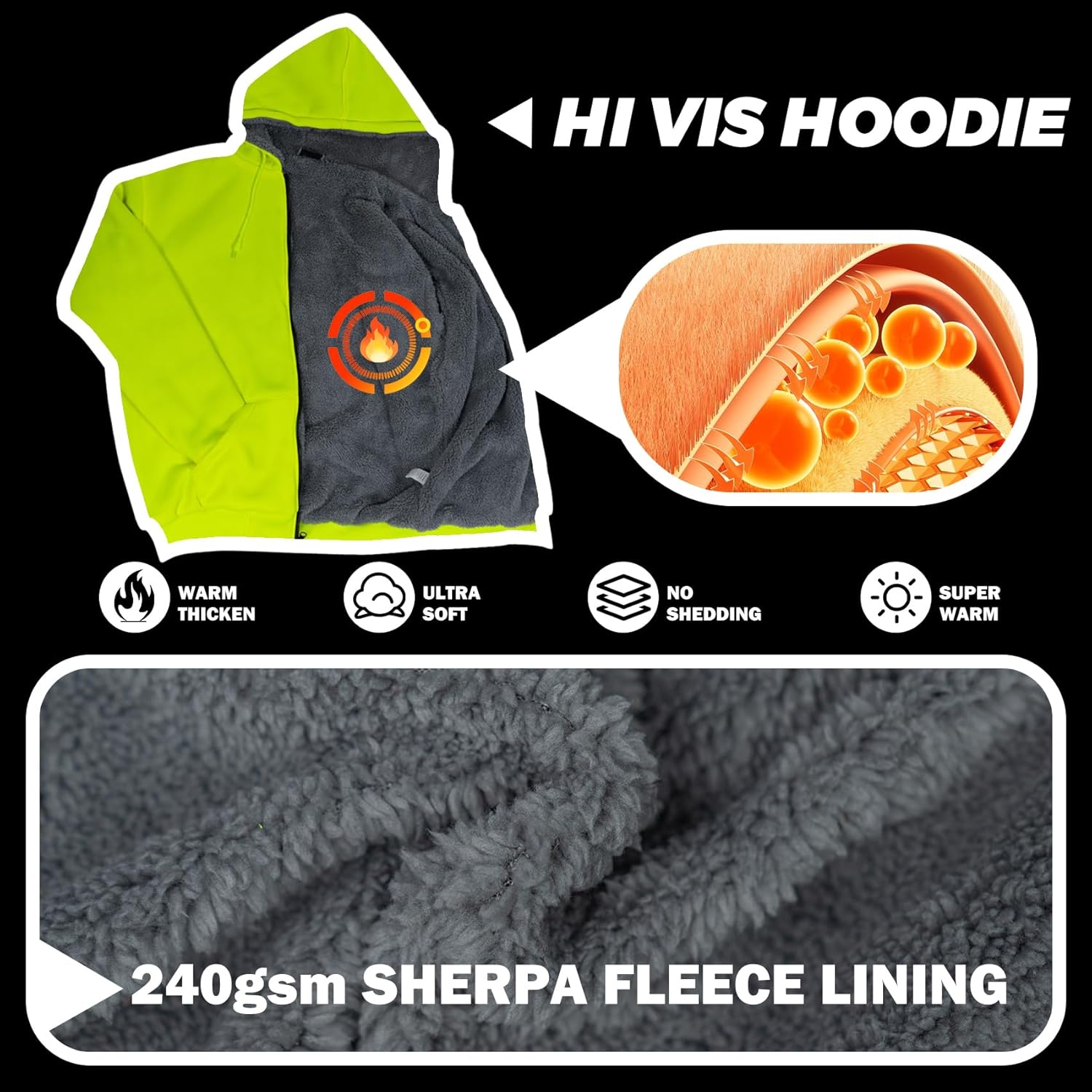 VENDACE Hi Vis Hoodie for Men Sherpa Fleece Lined Safety Sweatshirt Fleece Hoodie Zipper Construction Work Jacket Sweater - Image 8