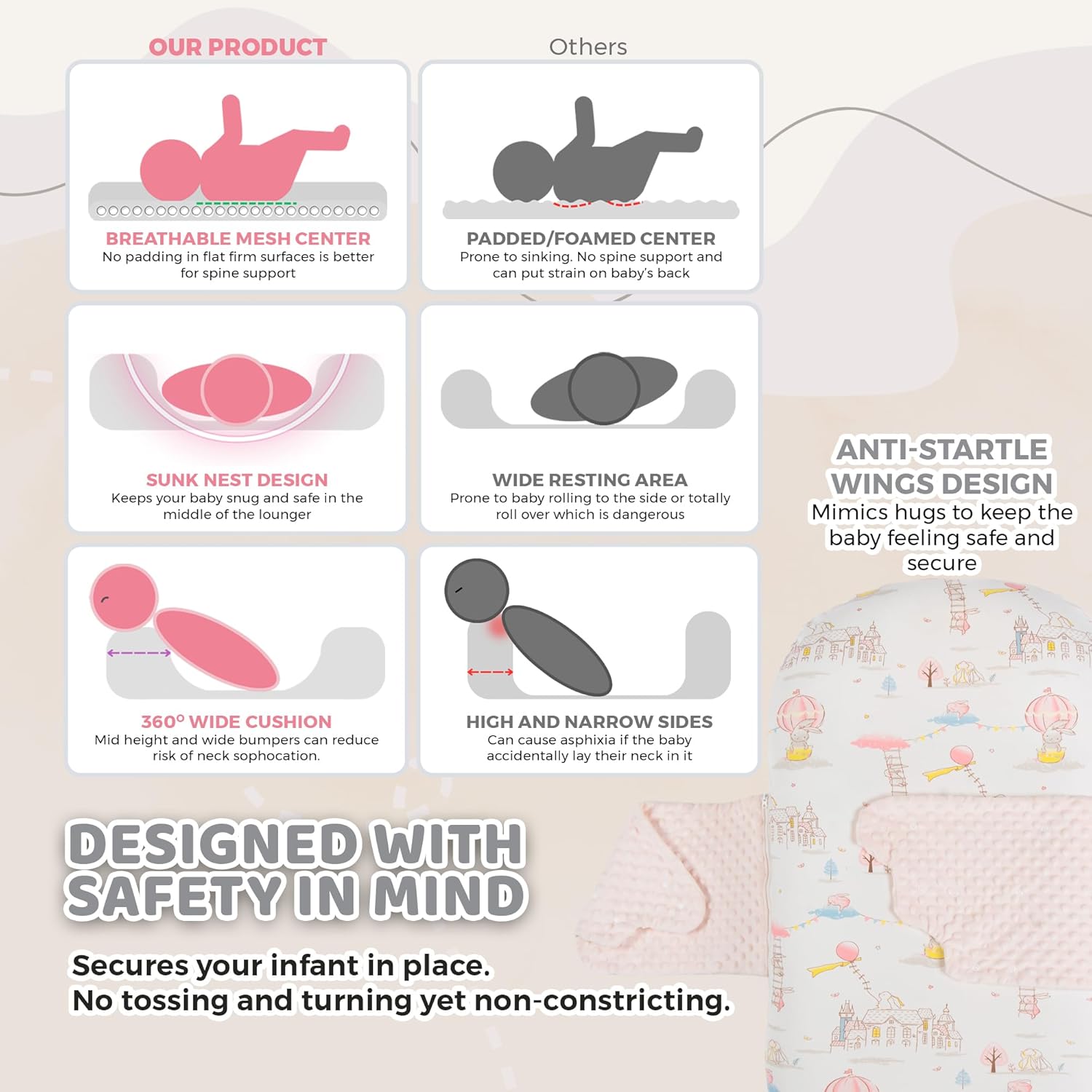 Baby Lounger for Newborn & Infant, 0-24 Months Snuggle Baby Nest in 100% Cotton, 2 Sides Cover, Breathable and Portable Lounger Pillow for Supervised Play & Rest, (Pink) - Image 7