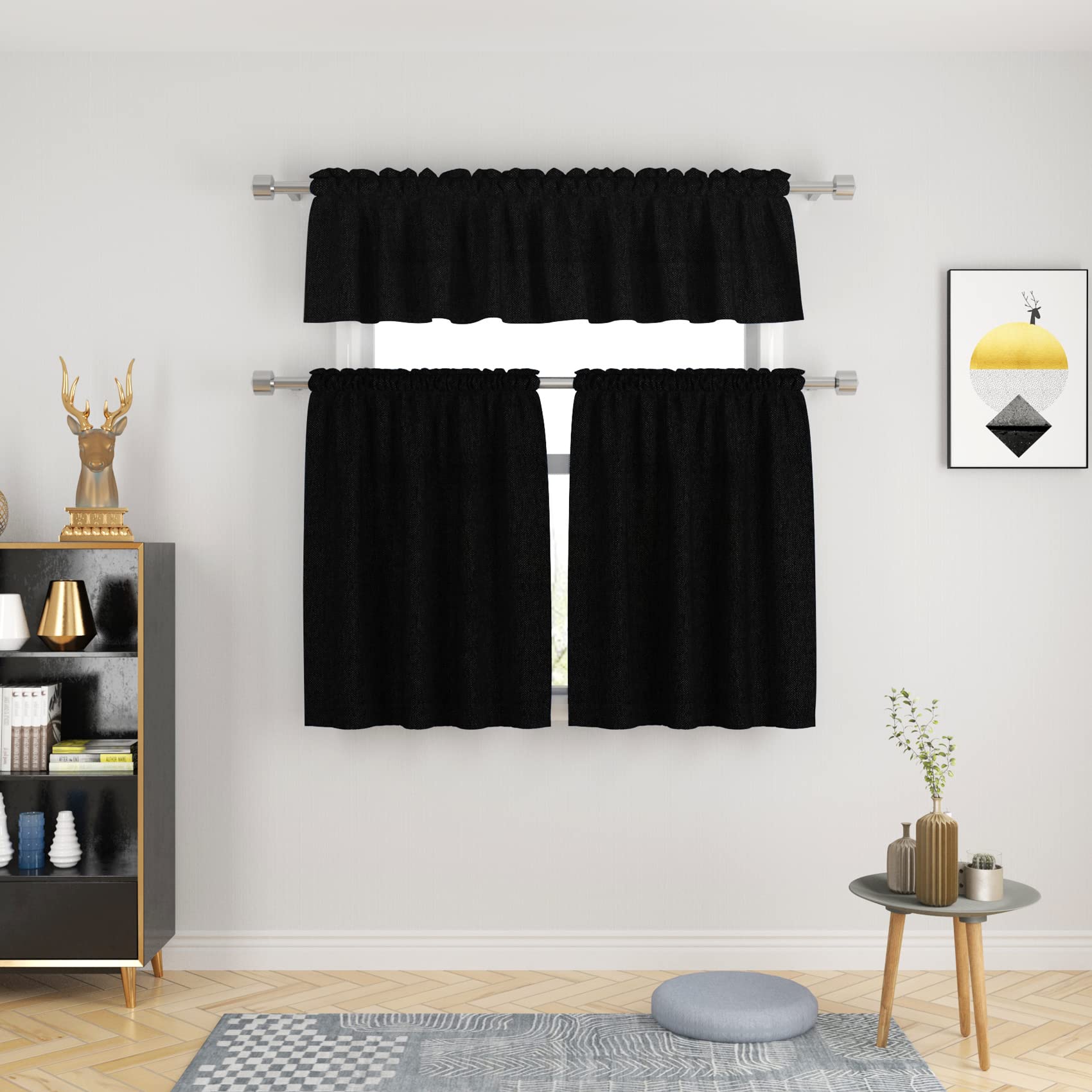 UPOPO Lot de 3 rideaux et cantonnière noirs pour fenêtre de cuisine, rideaux texturés en lin pour salle de bain, café, sous-sol, passe-tringle, 76,2 cm