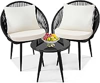 Vista 9 de Juego de 3 piezas de mimbre para uso al aire libre. Juego de muebles de mimbre con mesa de vidrio, ahorro de espacio para balcón, patio trasero