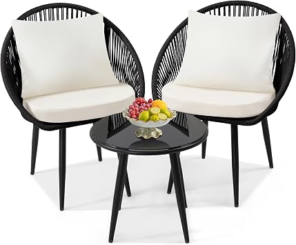 wildformers 3-Piece Bistro Set, Woven Rope Chair with Cushions, Black | All Weather Patio Conversation Set and Side Table, Ideal for Deck, Balcony, Poolside