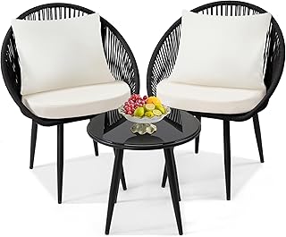 3 Pieces Bistro Set, Woven Rope Chair with Cushions, All Weather Patio Conversation Set and Side Table, Ideal for Deck, Balcony, Poolside, Black