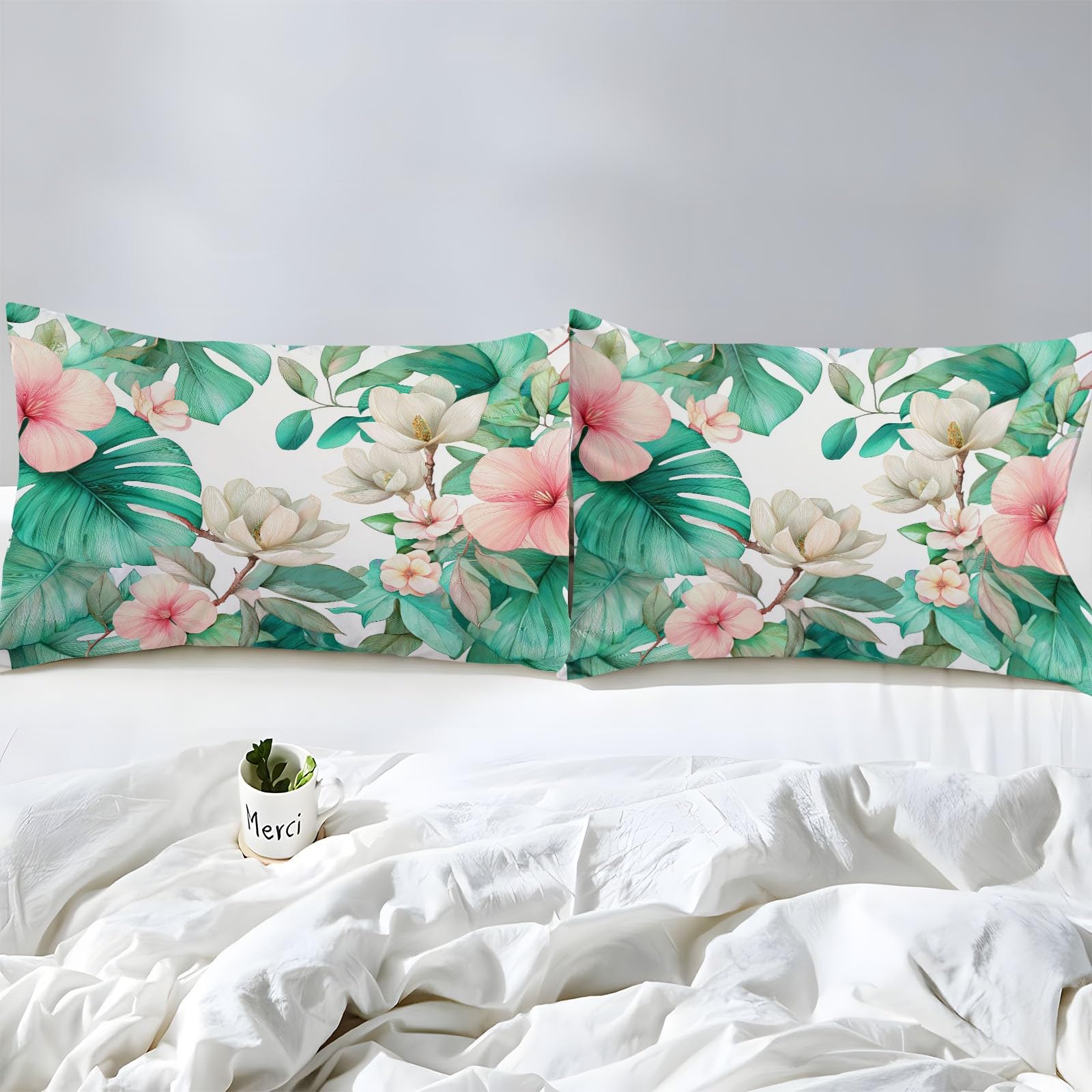90 x 190 cm, niebiesko-białe prześcieradło z gumką, kwiaty magnolia liście Monstera, miękka czapka z mikrofibry 30 cm, 2-osobowy materac z mikrofibry, bardzo miękki i oddychający z gumką dookoła