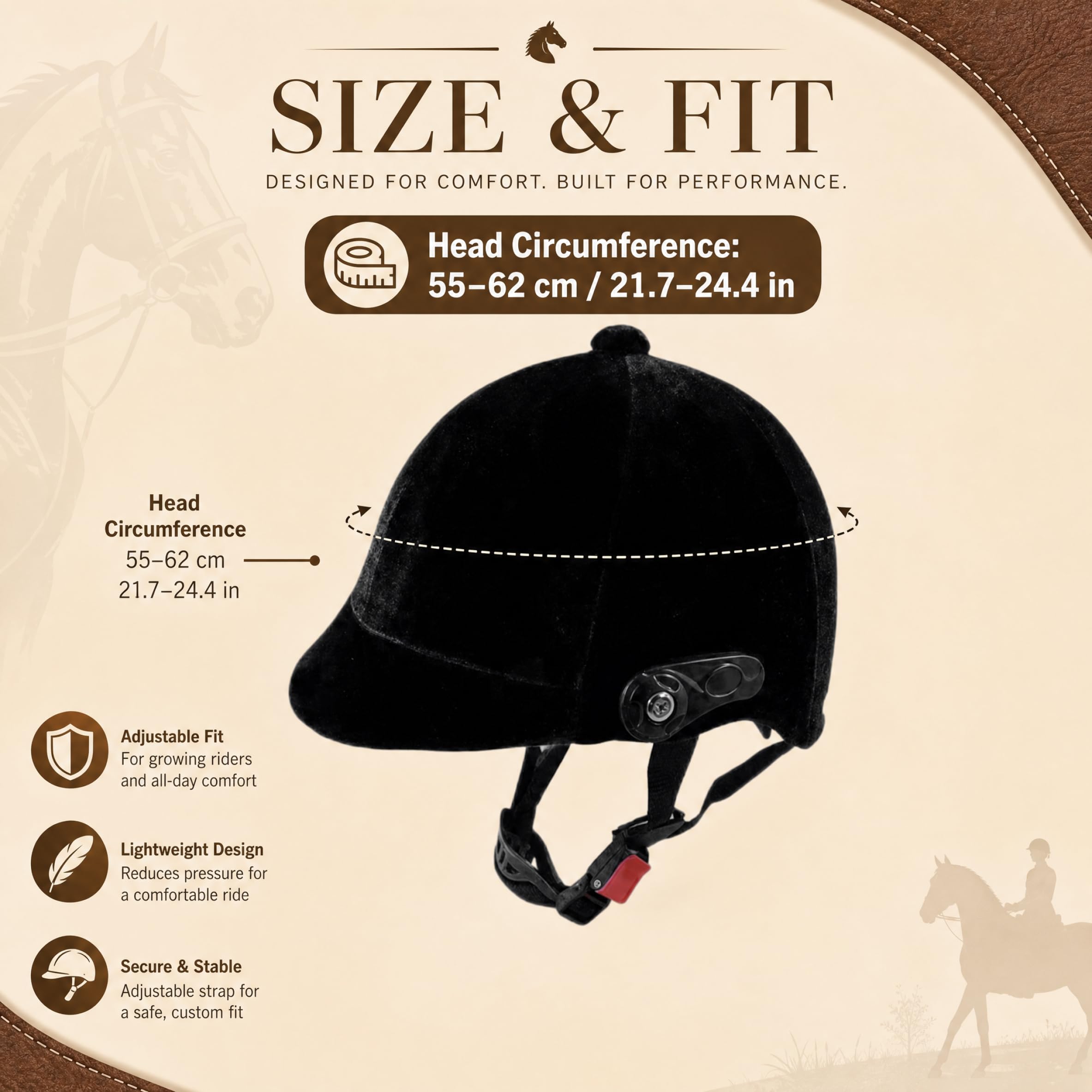 Casco da equitazione, Casco equestre in velluto, Cappello da equitazione - Vestibilità regolabile per adulti e adolescenti |.Nero, 55-62 cm/21, 65-24, 41 pollici