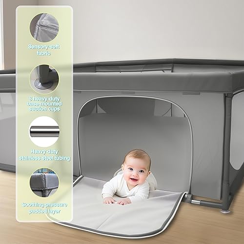 Miniatura 4 de Corralito para bebés de 79 x 79 pulgadas, corralito extra grande para bebés y niños pequeños, patio de juegos y valla de seguridad con puertas