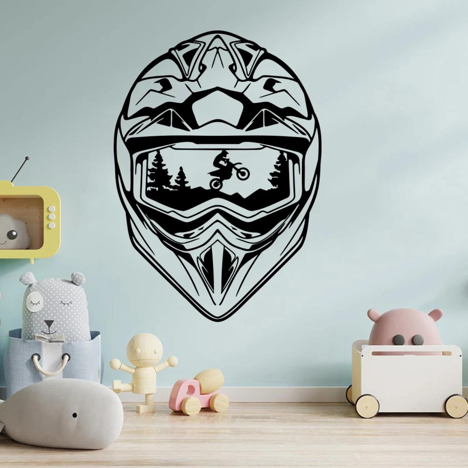 Youousi Black Helmet Motorcycle Wall Decals, Off-Road Motorcycle Wall Stickers, Teen Playroom Bedroom Art Decals