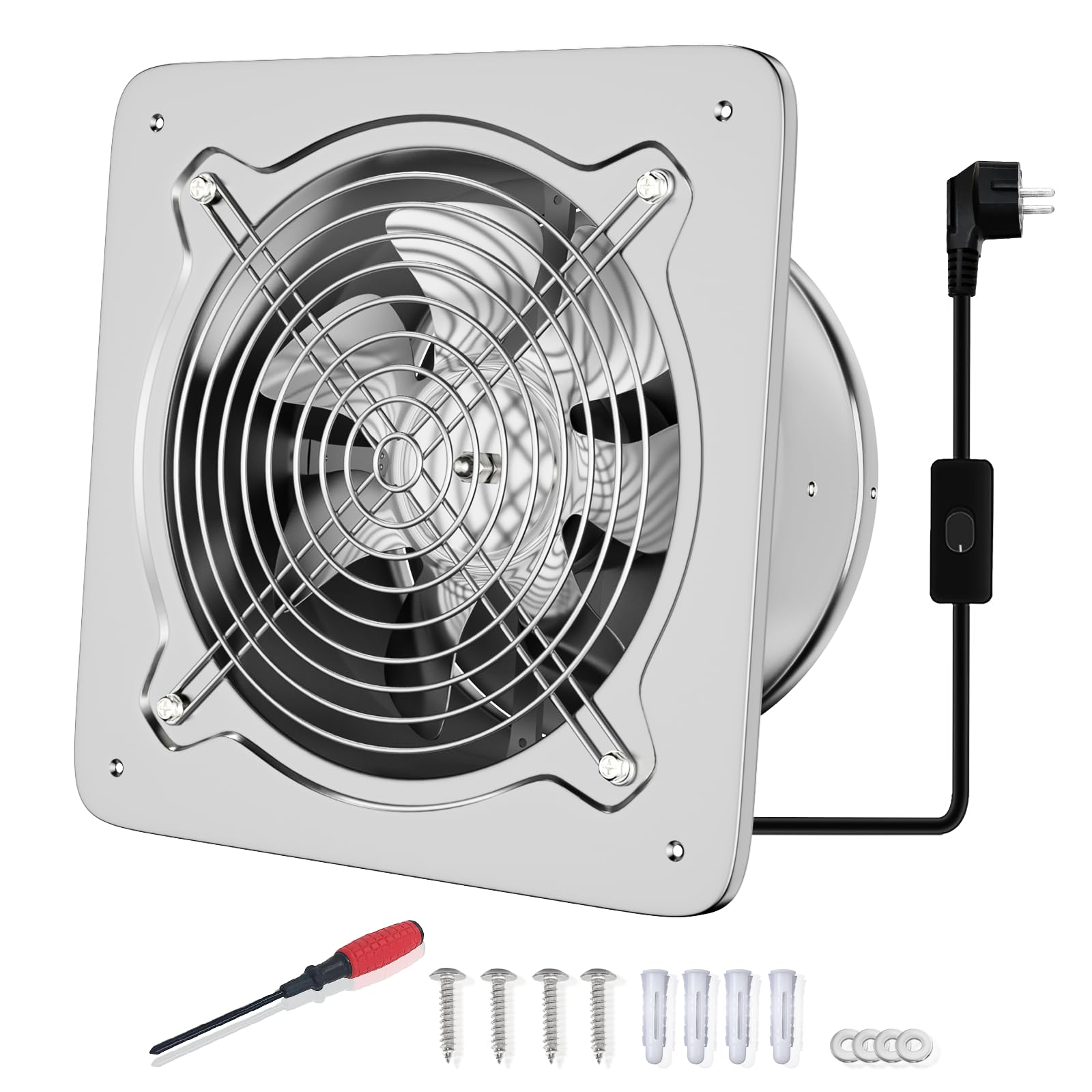 FanGoFast Extractor de Aire 150mm Ventilador de Baño 525m³/h Silencioso con Aleta de Retorno Potente Ventilador Metálico de Pared con Enchufe EU para Cocina Garaje Sótano (Plata, 150mm)