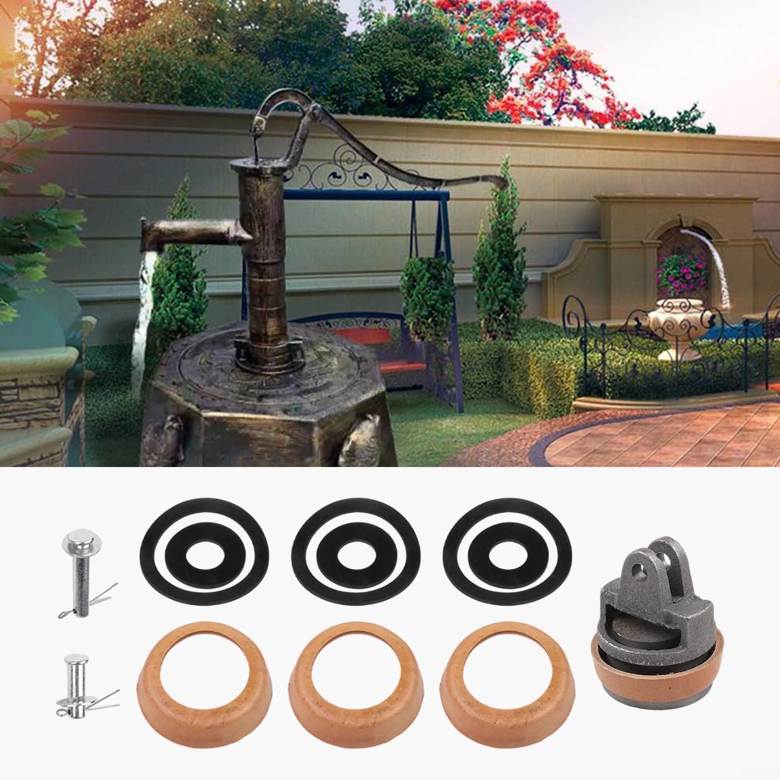 Set di ricambio per maniglia tipo 75 con kit bulloni, in ghisa e pelle trattata a cera, guarnizione per anello per pompe per fontane da giardino, include 3 extra