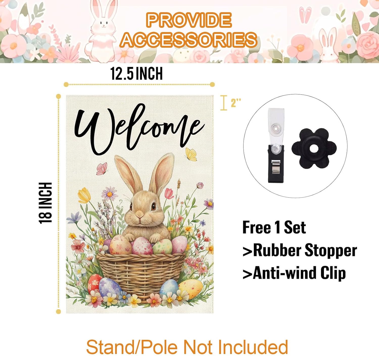 Baccessor Easter Bunny Garden Flag 12.5x18 Inch Double Sided Outside,Easter Eggs Basket Spring Tulip Flowers Welcome Flag Yard Holiday Outdoor Farmhouse Decoration - Image 4