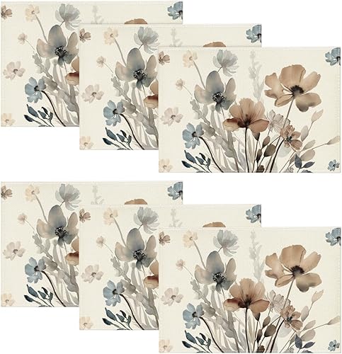 Miniatura 1 de Artoid Mode Juego de 6 manteles individuales de hojas florales de amapola marrón, 12 x 18 pulgadas, manteles individuales de verano para decoración