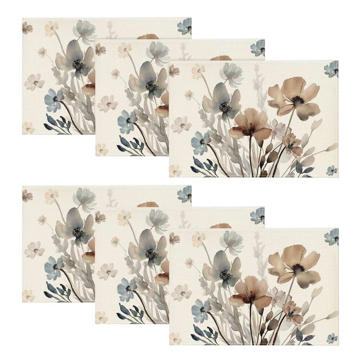 Artoid Mode Brown Poppy Floral Leaves Placemats Set of 6, 12x18 Inch Seasonal Summer Table Mats for Party Kitchen Dining Decoration