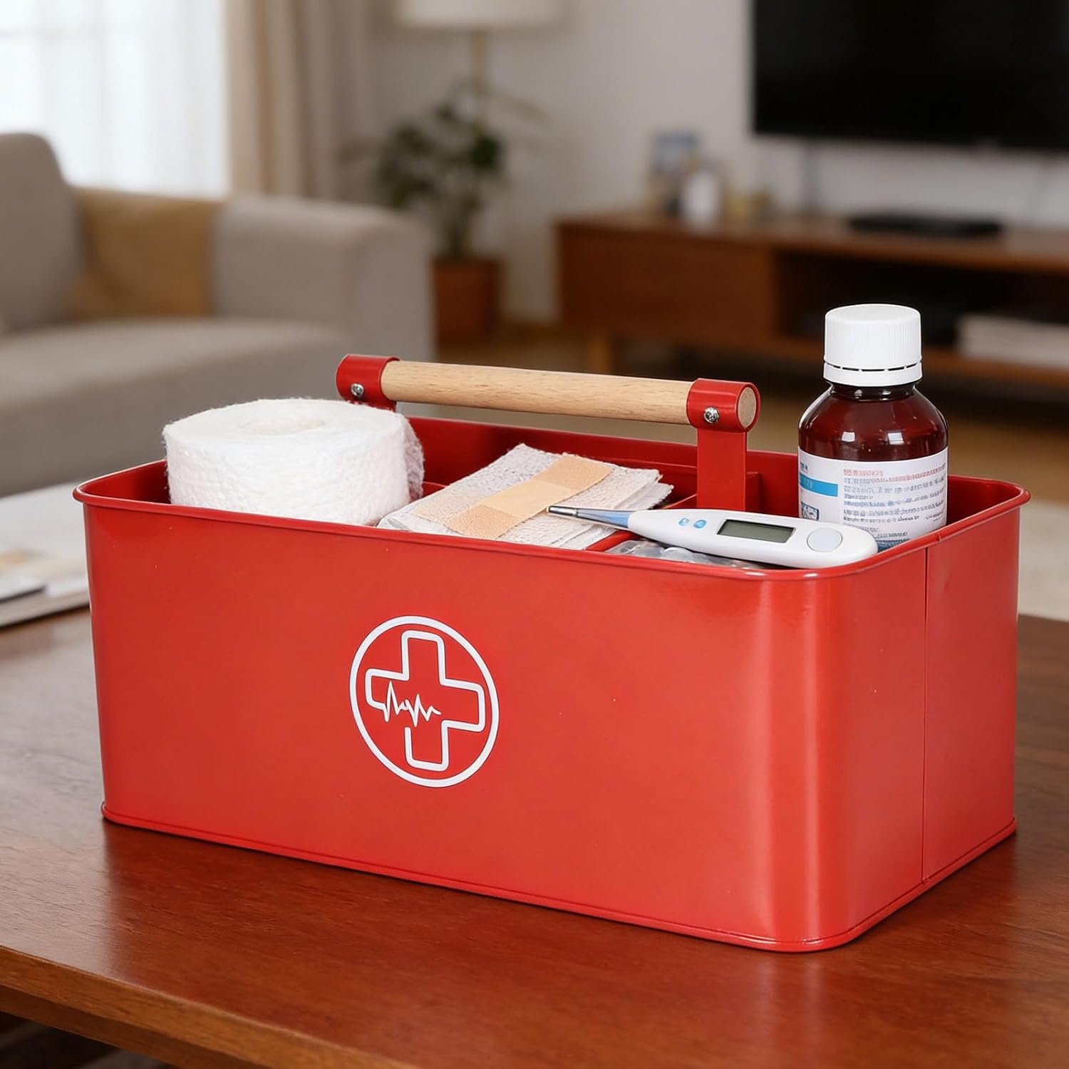 First Aid Box, Metal Medicine Caddy with Wooden Handle, 4 Compartments Medical Supply Organizer First Aid Basket, Full Opening First Aid Kit Case Empty for Home Emergency Tool Set (Red)
