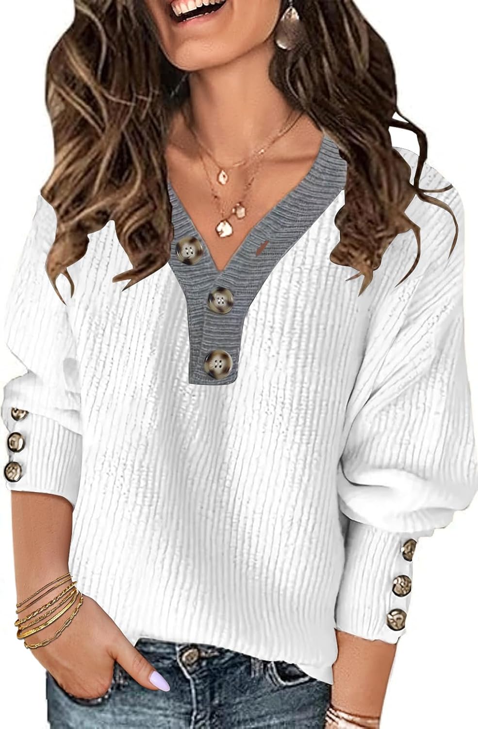 Soesdemo Oversized Sweaters for Women Warm Cozy Chunky Soft Casual Knitted V Neck Button Down Pullover Tunic Sweaters