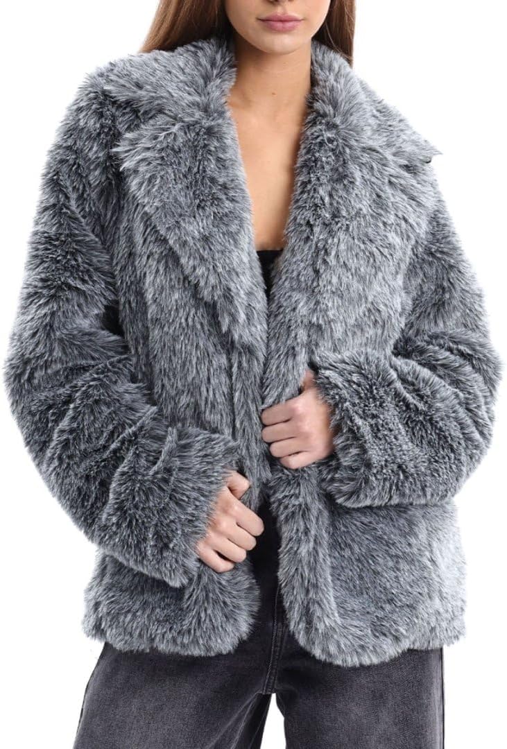 Amazhiyu Women's Faux Fur Lapel Coat Open Front Fluffy Jackets Winter Overcoat
