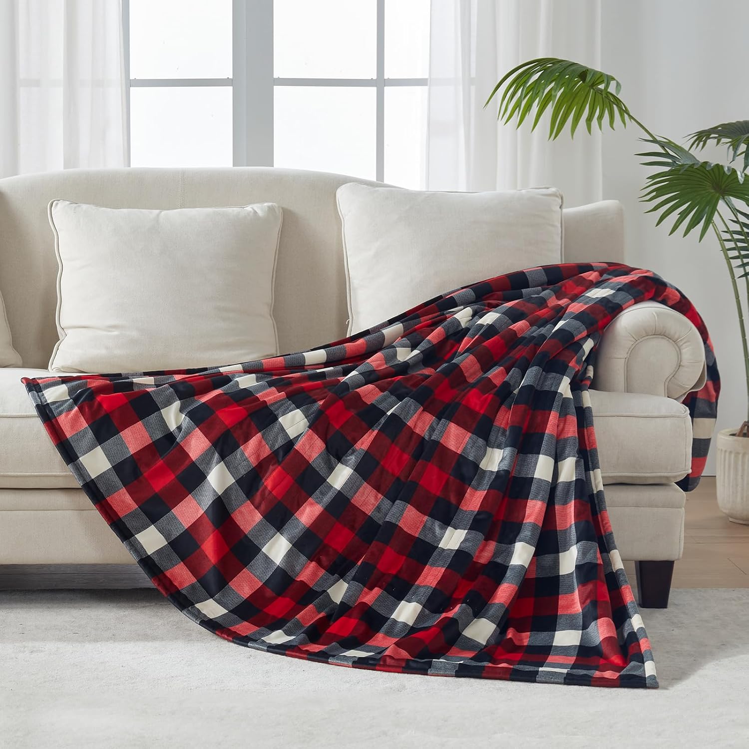 Sealy Electric Heated Throw, Plaid Lightweight Blanket for Sofa, Couch, Bed, Double Side Super Soft Luxurious Plush (Red, Queen Size 84" x 90")