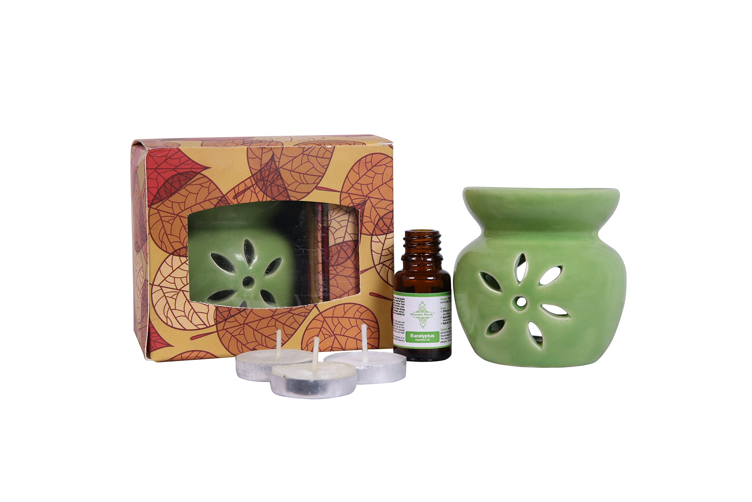 Wonder MonkCeramic Oil Burner Aroma Diffuser Set with Eucalyptus Aroma Oil & Four Candles (Green)