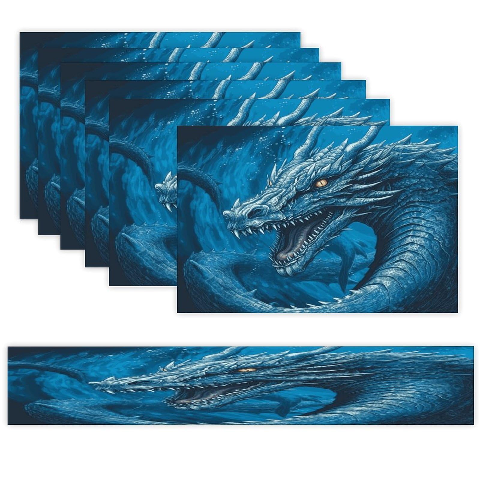Dragon Cool Blue Table Runner and Placemats Set of 6 for Kitchen Washable Table Mats Heat Resistant Place Mats Non-Slip Place Mat Wipeable Placemat(6 Placemats+1 Table Runner)