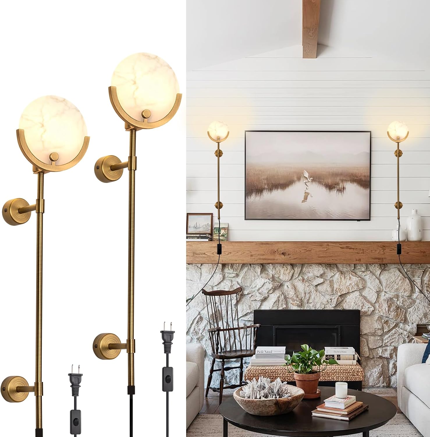 Alabaster Round Wall Sconce Set of Two, Plug in Wall Light Fixtures, Modern Natural Marble LED Alabaster Sconces for Living Room Indoor Wall Lamps for Dining Room Stairs Bedroom,Brushed E12