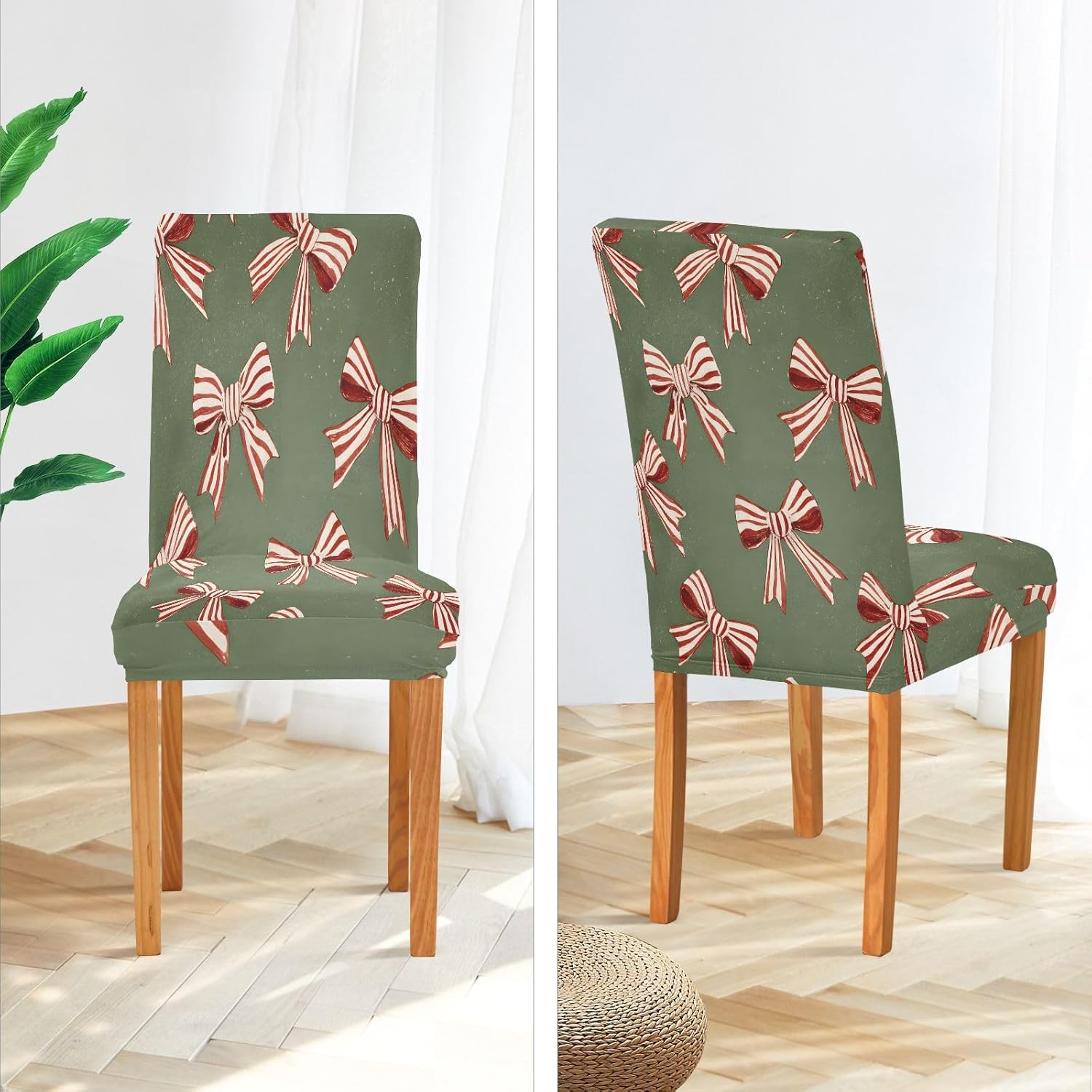 ALAZA Chair Covers for Dining Room, Red White Striped Bow Pattern Stretch Chair Cover Sets Chair Protector Removable Washable for Ktichen Restaurant Hotel