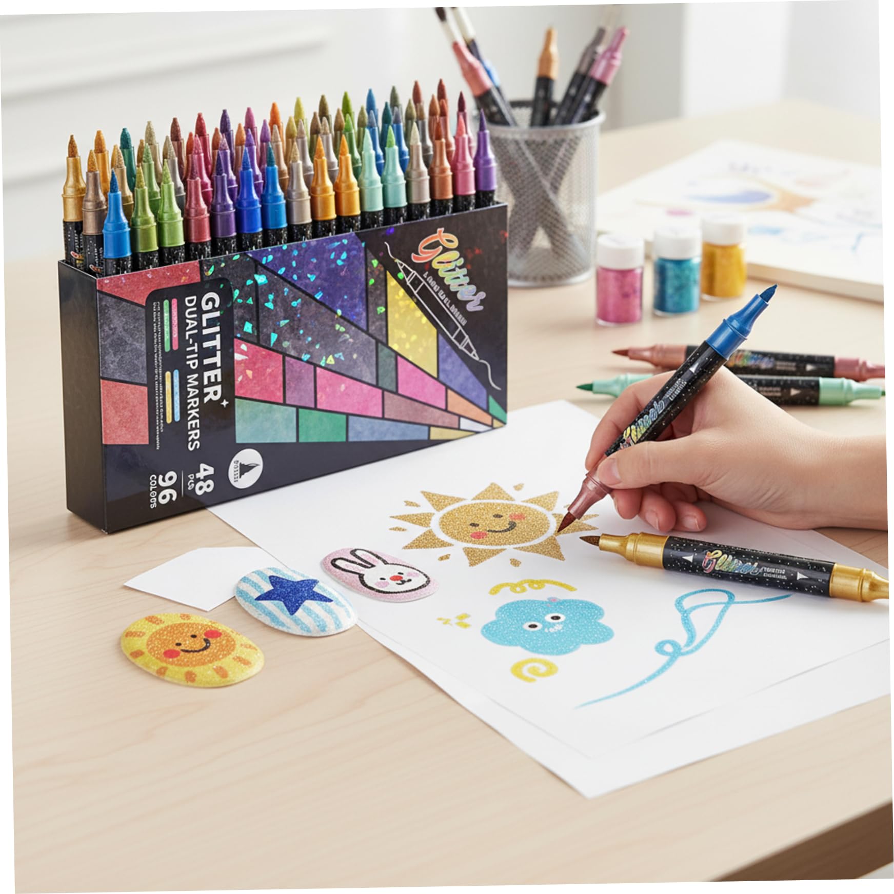 Pennarelli Glitter, 48 Pennarelli a Doppia Punta con 96 Colori Scintillanti - Pennelli a Doppia Punta con Glitter Fine per Artigianato, Diario, Creazione di Cartoline e Libri da colorare per Adulti
