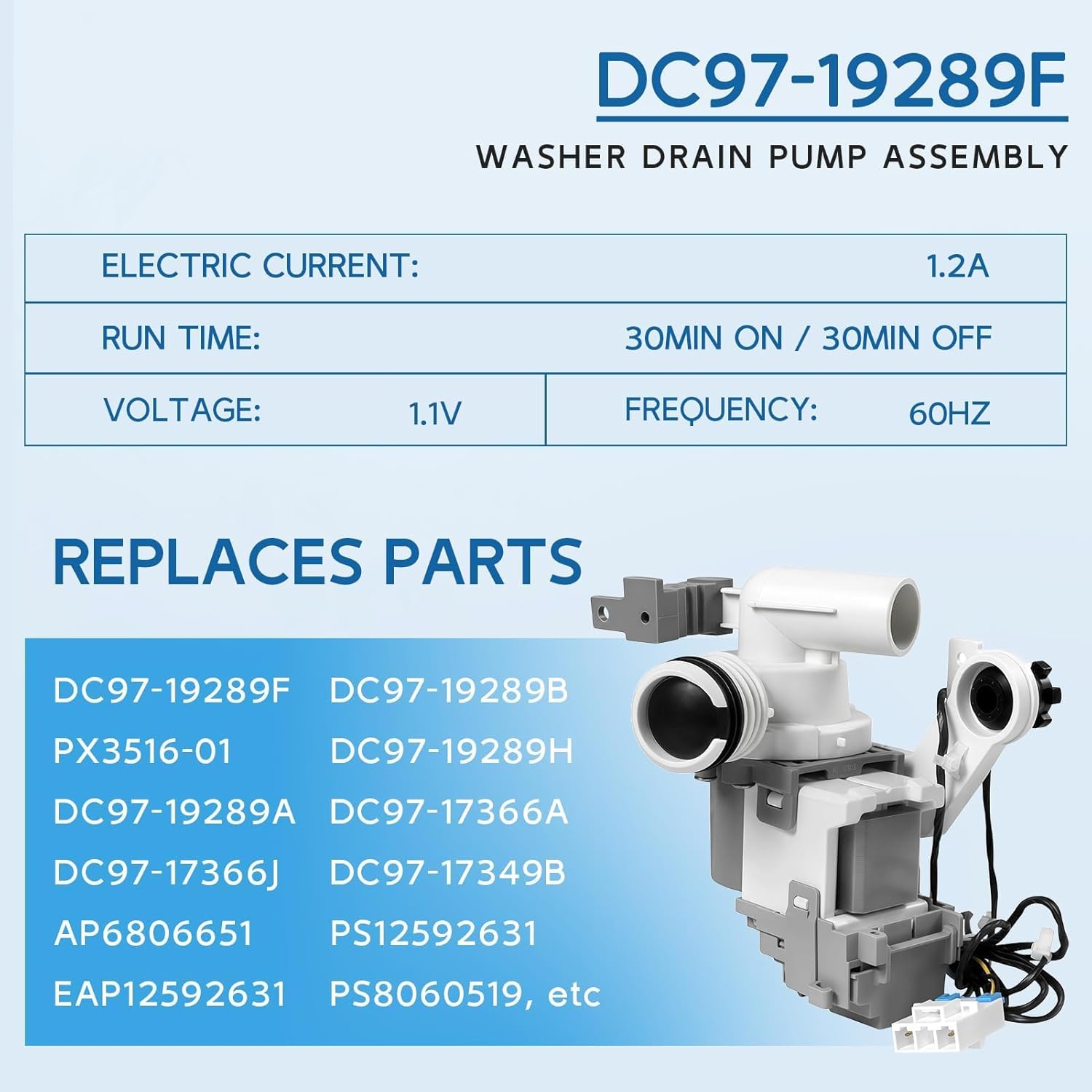 Upgraded DC97-19289F DC97-19289B PX3516-01 Washer Drain Pump Assembly for Samsung Washing Machine, Replaces DC97-19289A DC97-17366A DC97-17366J DC97-17349B AP6806651 PS12592631 EAP12592631