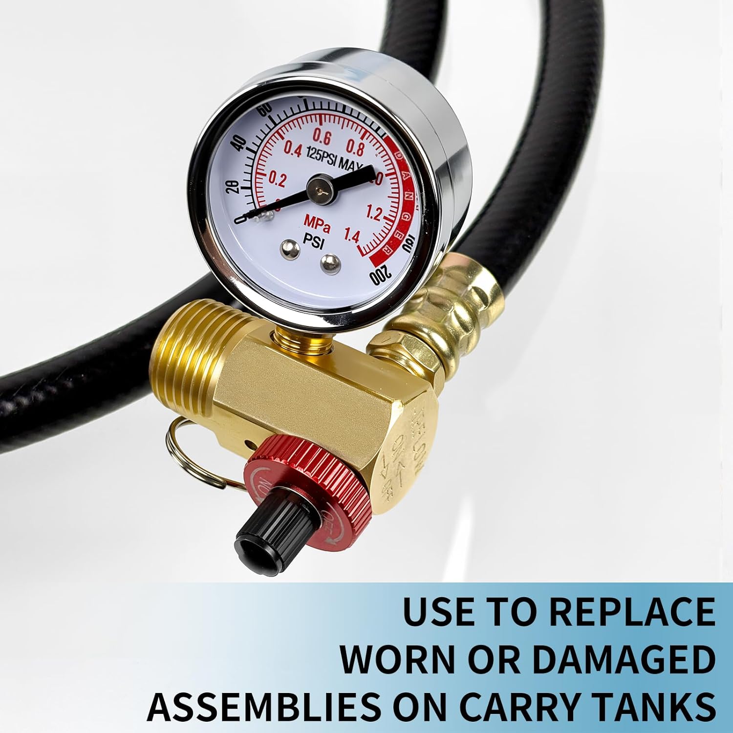 Air Tank Valve Kit Including Safety Valve Manifold, 0-200 PSI Pressure Gauge, 4 Feet Air Tank Hose and Thread Seal Tape for Portable Air Tank, 3 Pcs