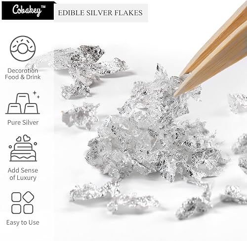 Miniatura 2 de Cobakey Hoja de plata comestible  Hoja de plata de 50 mg para decoración de pasteles (cupcake, chocolate, filete, bebida y cocina), copos de plata