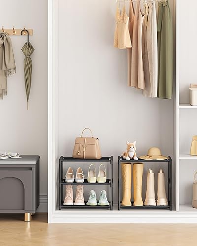 Miniatura 6 de Zapatero pequeño de 3 niveles, organizador de zapatos apilable estrecho, soporte para zapatos resistente, zapatero de metal de tela no tejida para