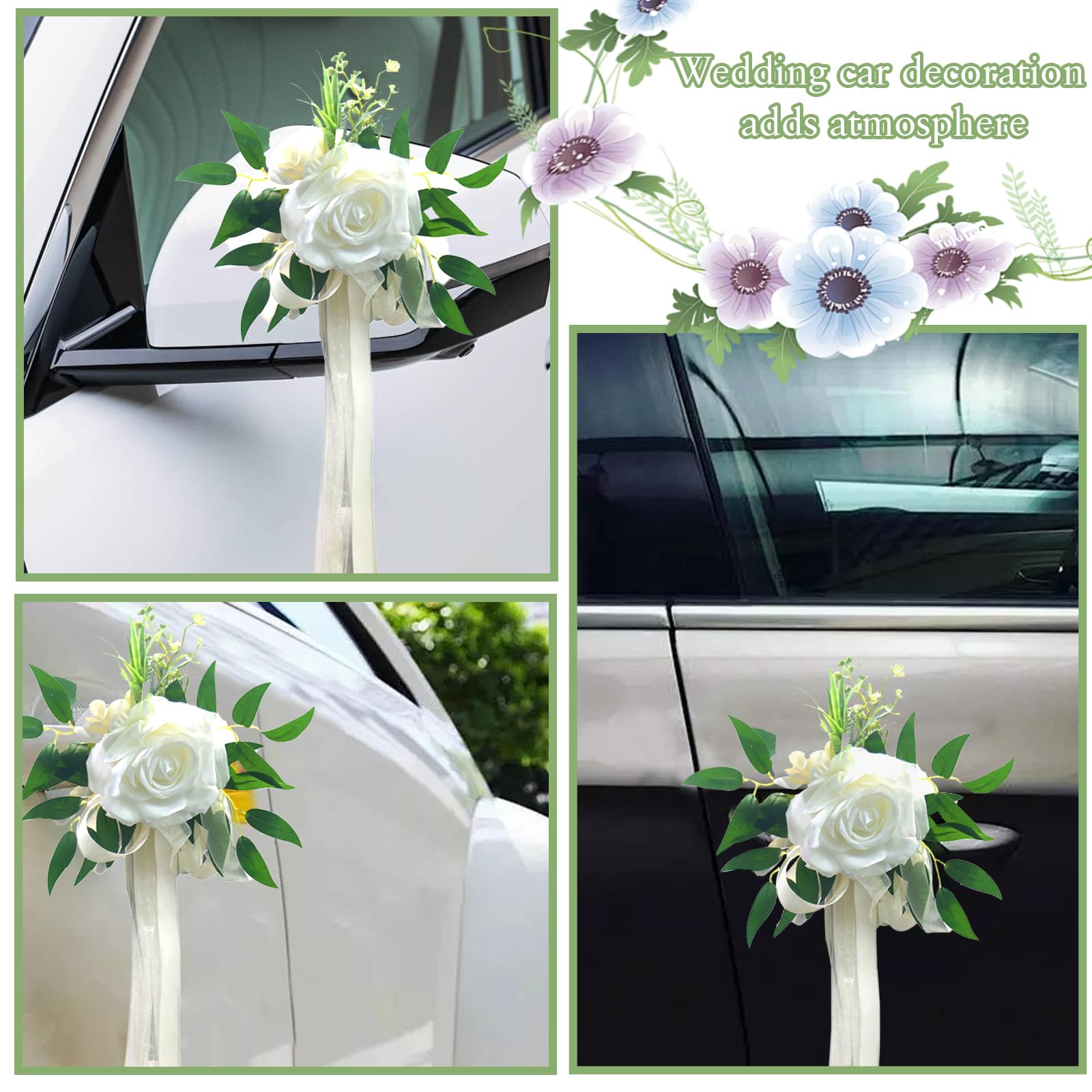 Deco Samochód Ślubny, 2 sztuki, 25 cm, biała kokarda, kokarda na przyssawkę, do lusterek wstecznych, klamek drzwi, oparć krzeseł, ławek kościelnych i imprez