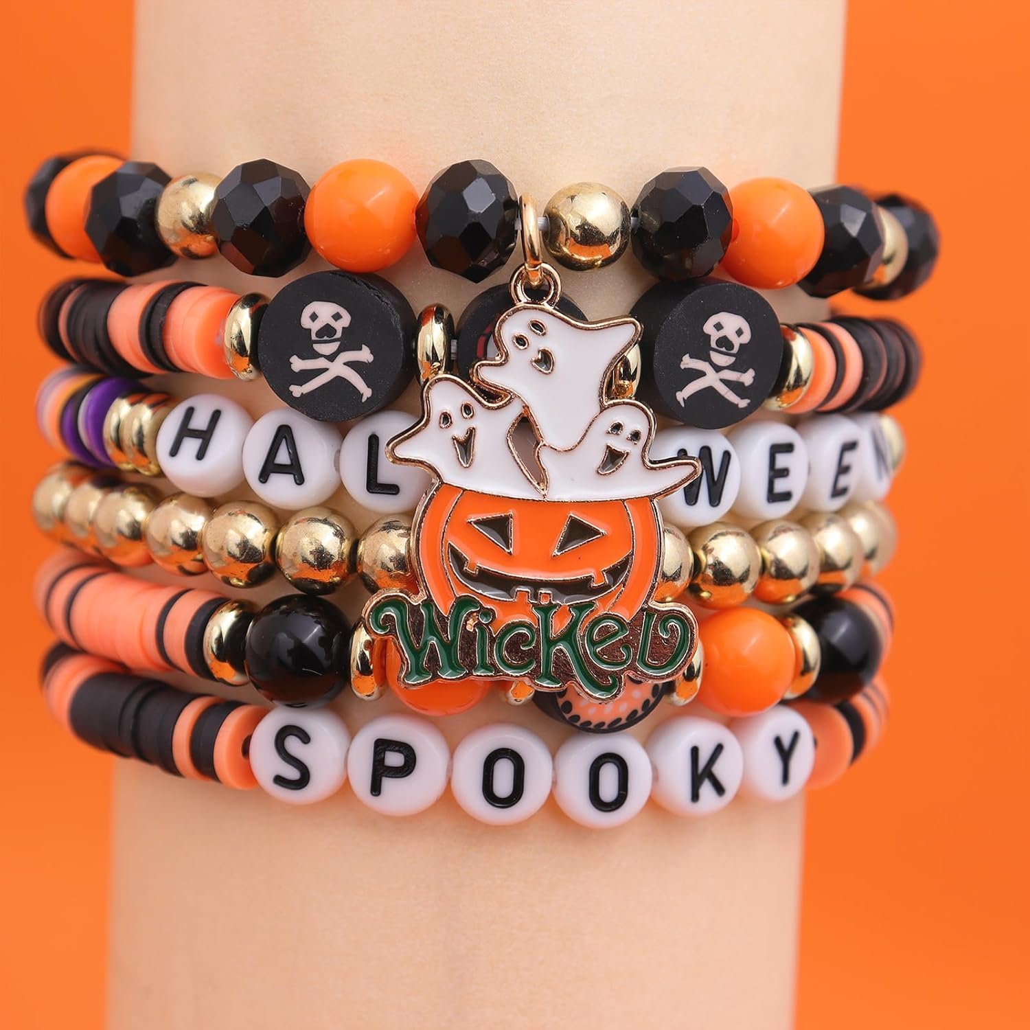 Halloween Heishi Stack Bracelets Set for Women, Handmade Boho Clay Beaded Initial Letter Bracelet Accessories Outfit Jewelry Gift. - Image 7