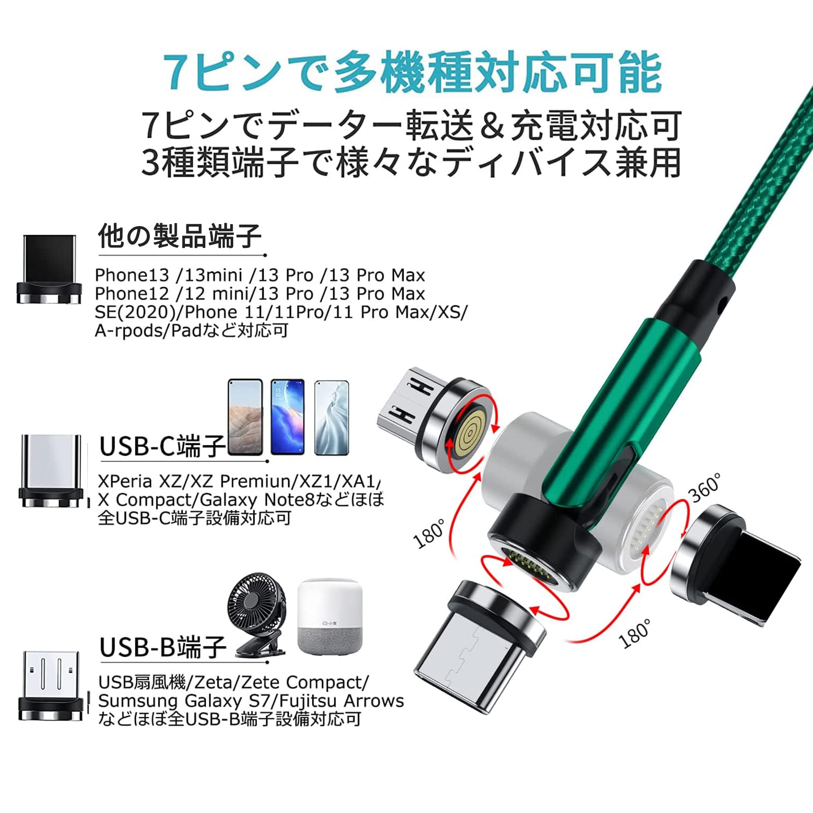 Amazon.co.jp: マグネット-充電ケーブル 7ピン 3A急速充電+データ通信 