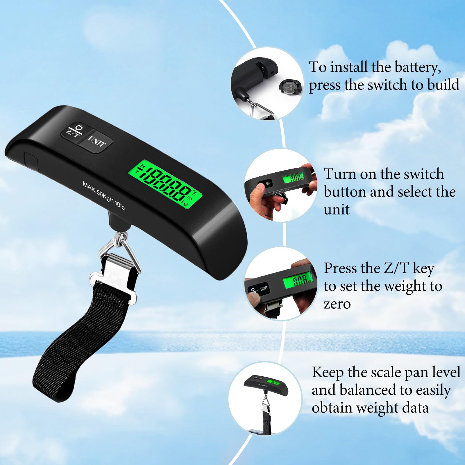 Bilancia per bagagli, 49,9 kg, con 4 funzioni di commutazione e display a LED, bilancia digitale da viaggio per pesare bagagli, zaini, pacchi e mercati (nero)