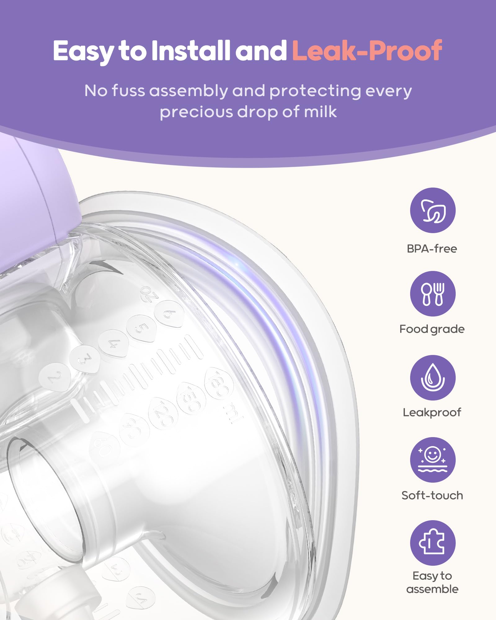 Nuliie Tire-lait électrique avec sac de rangement (lot de 2, violet) | Tire-lait électrique portable avec 4 modes d'aspiration 12 niveaux, avec bride de 14/17/20/24/27 mm pour chaque écrou