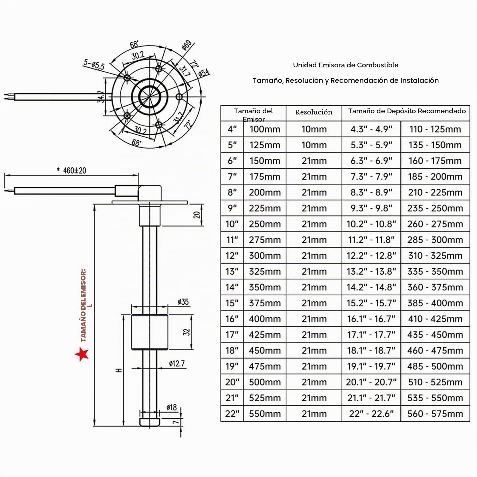 Geloo Indicador de Nivel de Combustible con Sensor, LED Digital E-1/2-F Medidor de 0-190ohm Sensor de Nivel de Agua de Combustible para Coche, Barco, Caravana (150 mm)