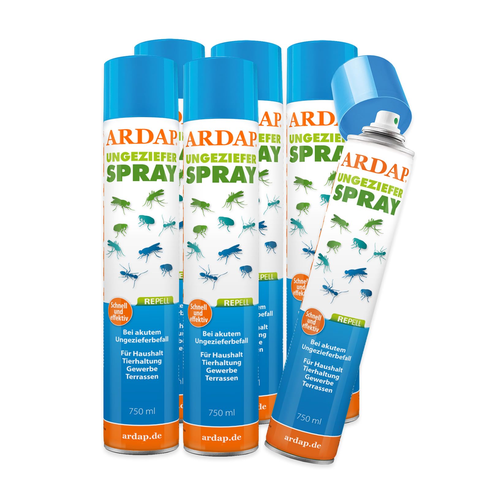 Ardap Repell Ungezieferspray 6 x750ml - Insektenspray bei akutem Ungezieferbefall - Abwehrend bei Insektenbefall - Insektenspray Wohnung - Schädlingsfrei - Wirkt schnell & effektiv (PT19)