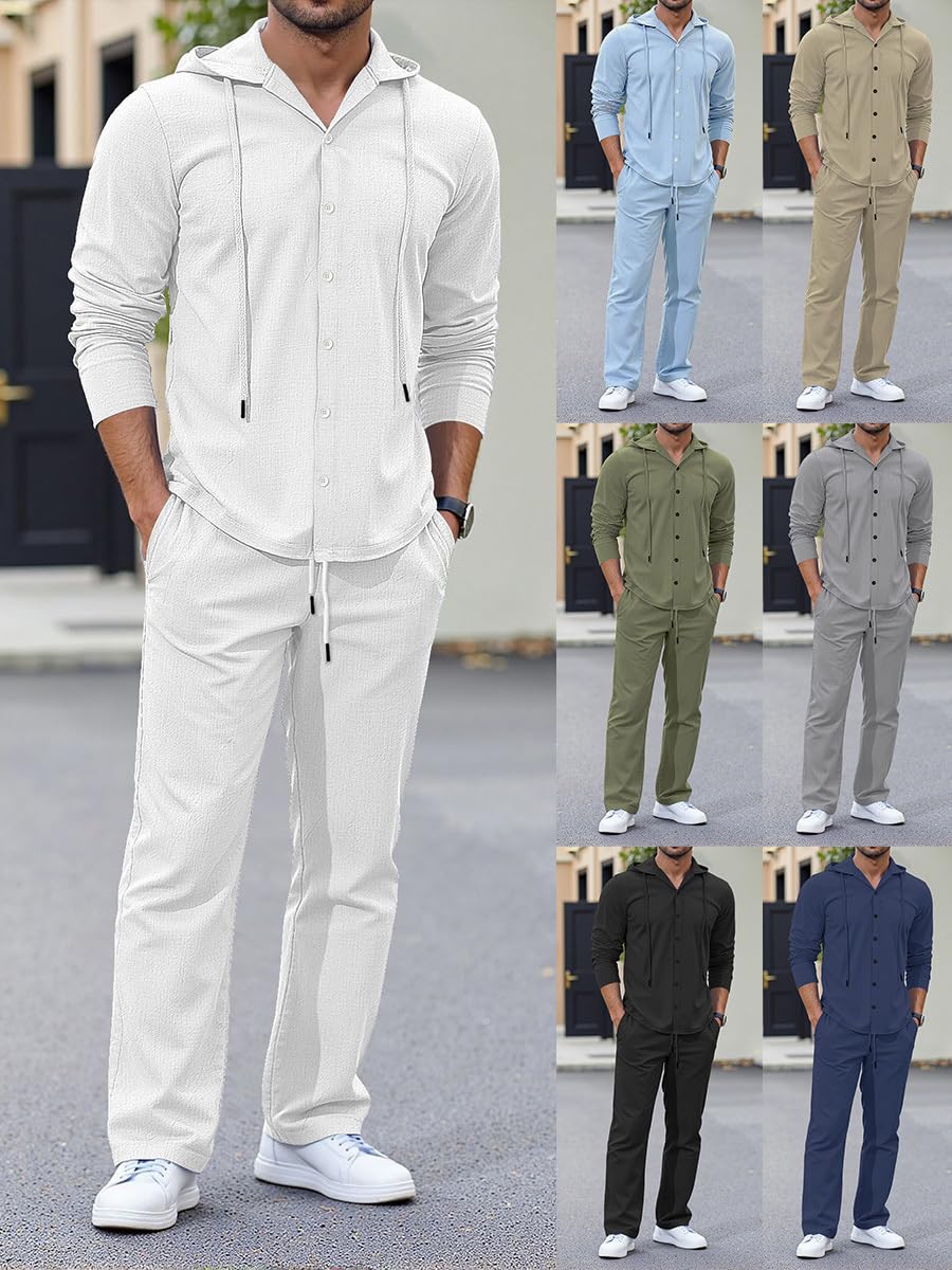 Ensemble Chemise Pantalon Homme Texturé Leger Vetement Casual Chic Ete Survêtement Tenue De Sport Ample Confortable Costume Maison