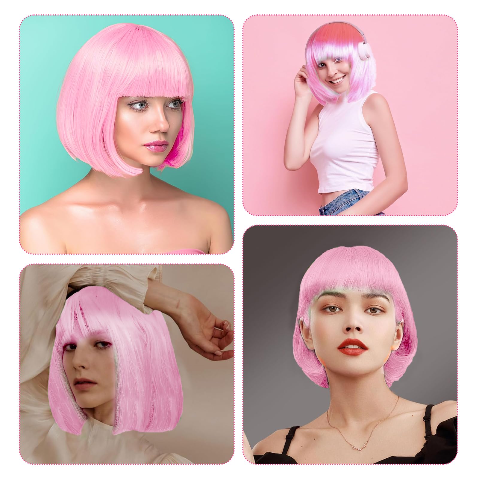 Pink Bob Wig Set including Sunglasses, Wig Cover, for Cosplay & Parties - Image 3