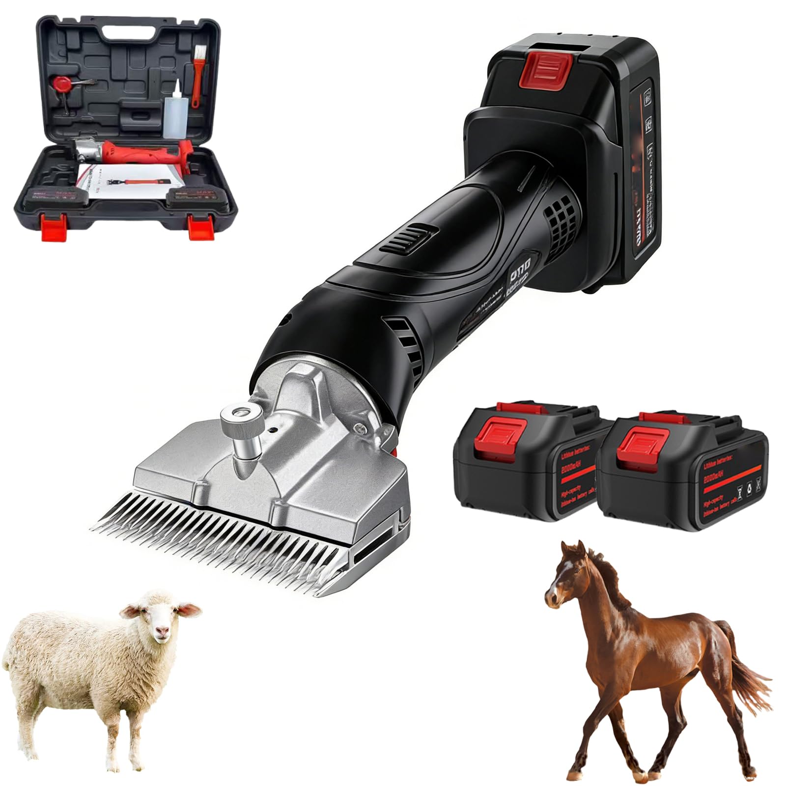 Cortapelos eléctricos para caballos de 500w con 2 baterías y 6 velocidades, tijeras equinas inalámbricas de 2500r/min para abrigos de mascotas y ganado black