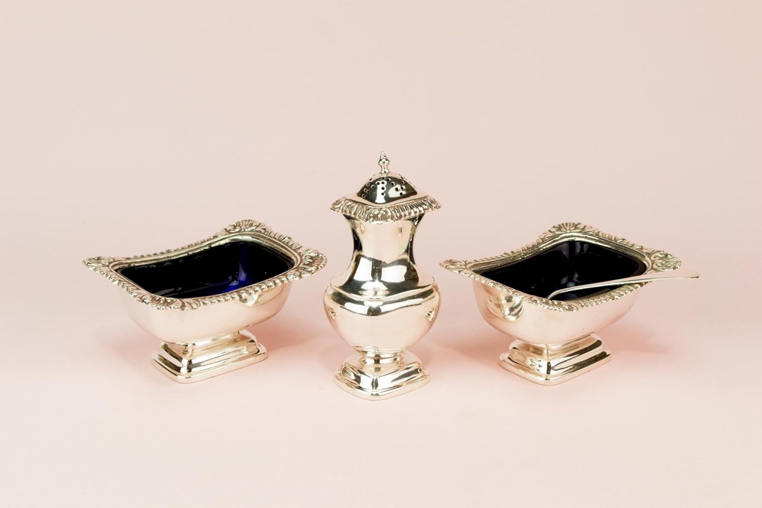 Silver Plated Condiment Trio Salter Shaker Mustard Saucer