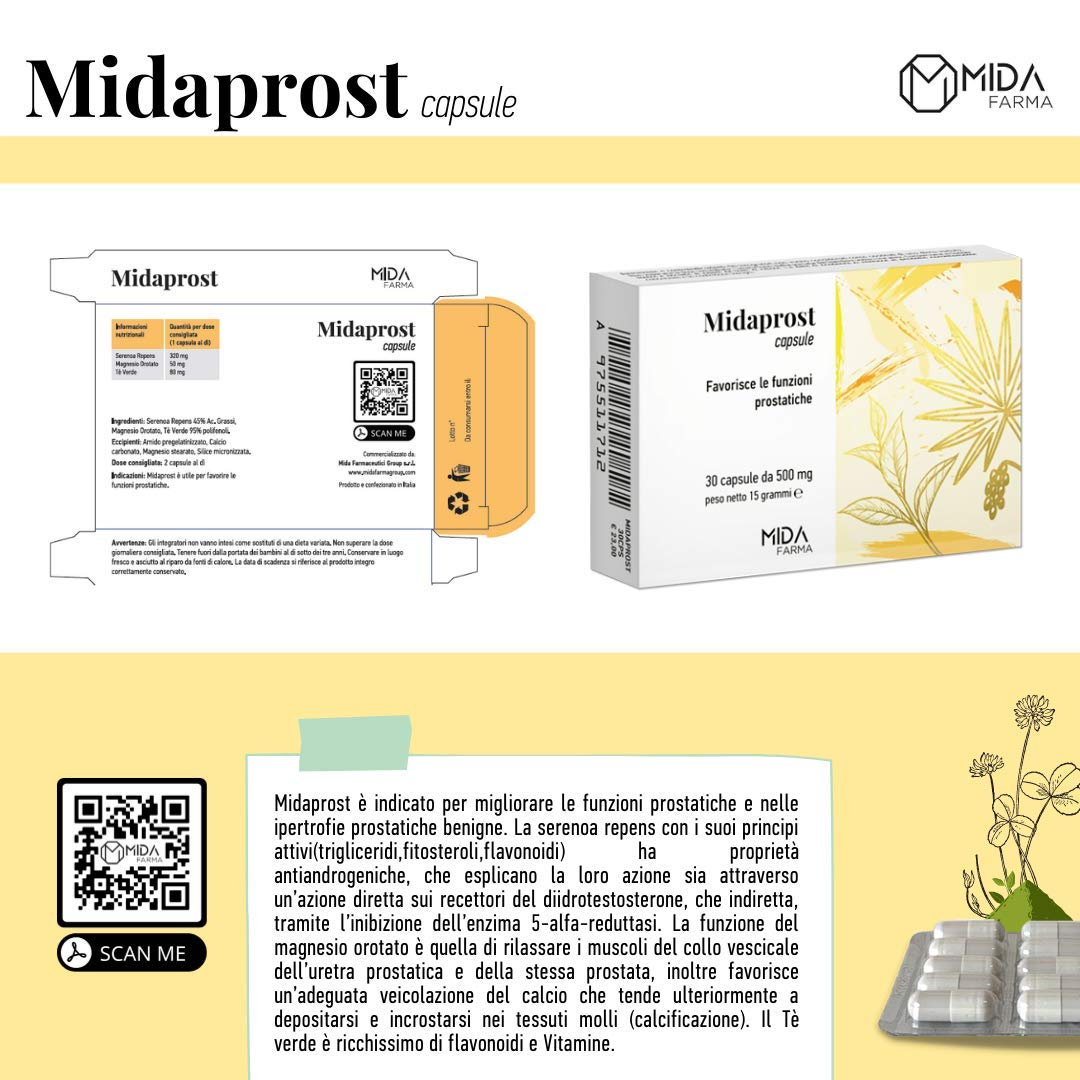 MIDAPROST Capsule | Serenoa Repens (Saw Palmetto) 320 mg, Tè Verde e Magnesio | Per trattamento e prevenzione di Prostata Ingrossata, Ipertrofia Prostatica Benigna e Prostatite | 30 Capsule